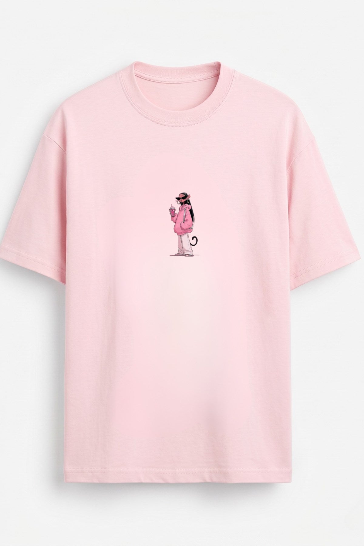 Kadın Oversize Tişört Pink Kitty Club Baskılı Pembe – Bisiklet Yaka, Rahat Kalıp, %100 Pamuk