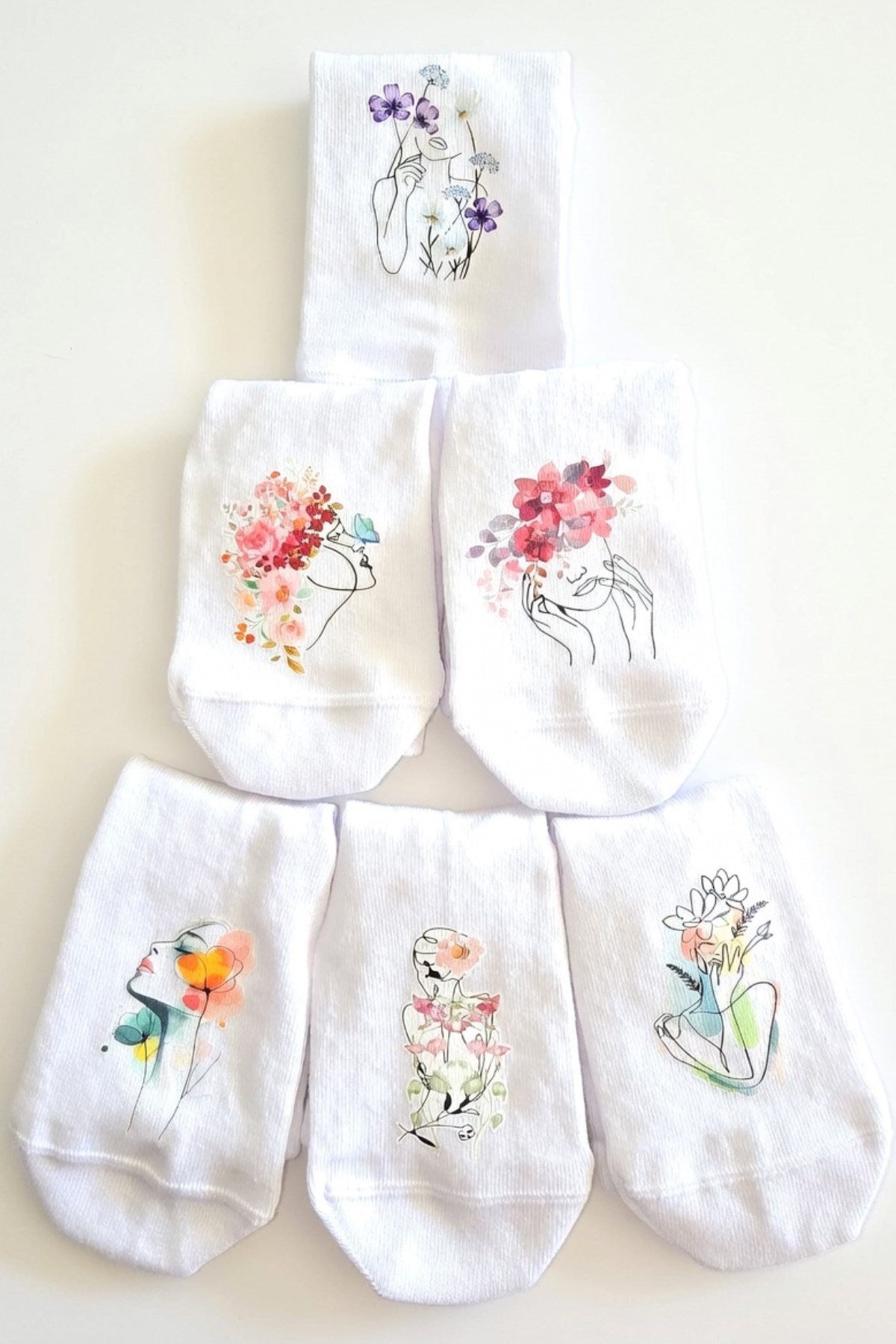 Unisex Beyaz Uzun Çorap Flower Girl - Nefes Alan Pamuklu-Koku Oluşumunu Azaltmaya Yardımcı 6’lI 