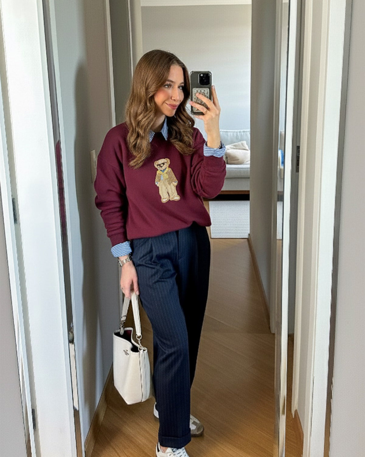 Kadın Oversize Sweatshirt Gentleman Bear Baskılı Bordo – Bisiklet Yaka, 3 İplik Şardonlu