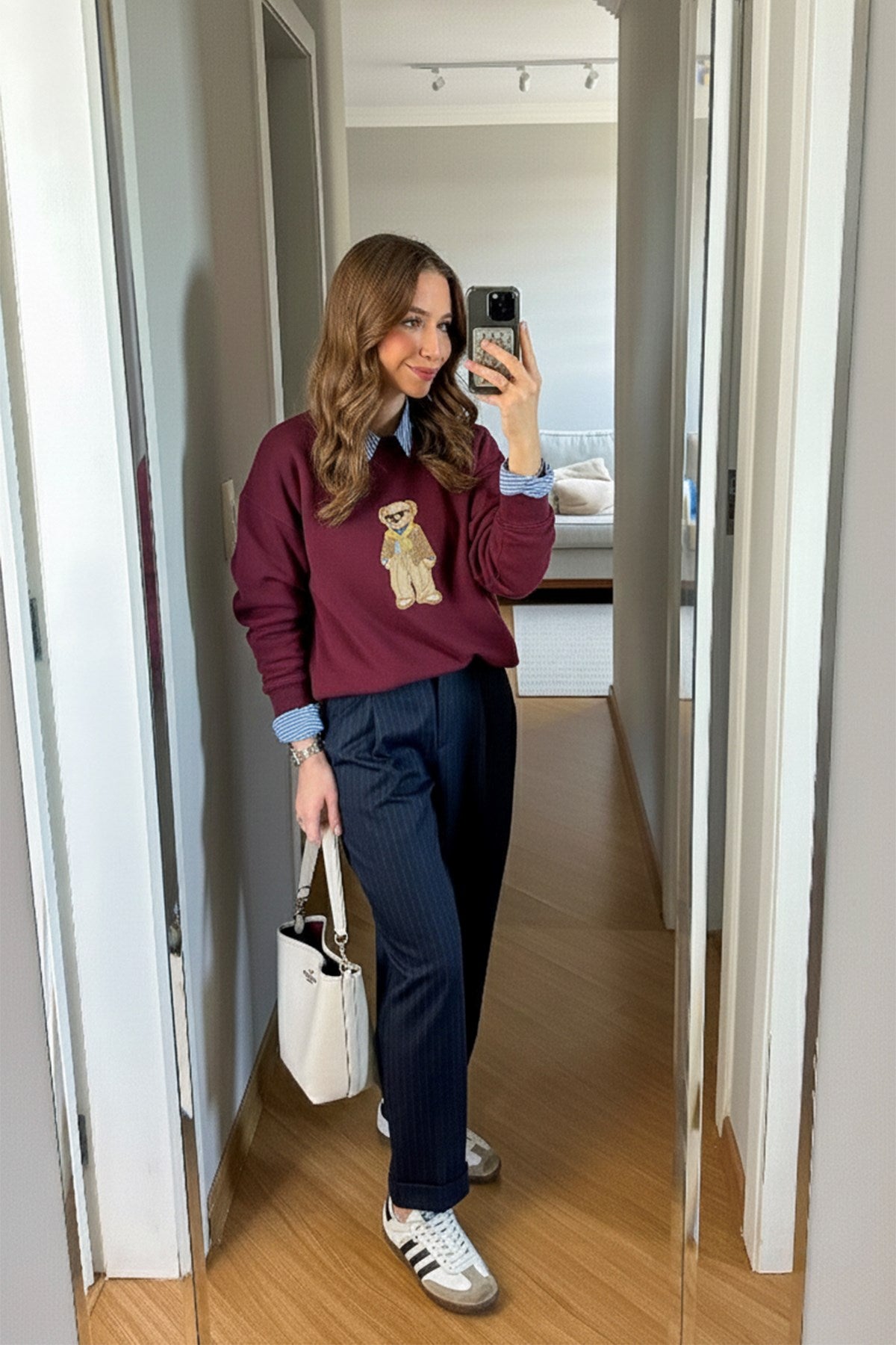 Kadın Oversize Sweatshirt Gentleman Bear Baskılı Bordo – Bisiklet Yaka, 3 İplik Şardonlu