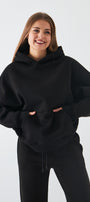 Oversize Unisex Sweatshirt Hoodie Siyah – Kapüşonlu, 3 İplik Şardonlu Polar, Kanguru Cepli, Basic