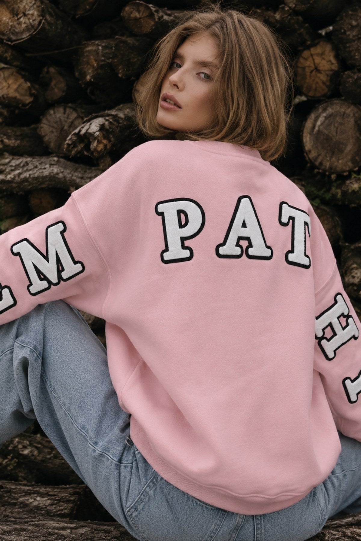 Kadın Oversize Sweatshirt Empathy 3D Baskılı Pembe – Bisiklet Yaka, 3 İplik Şardonlu Polar