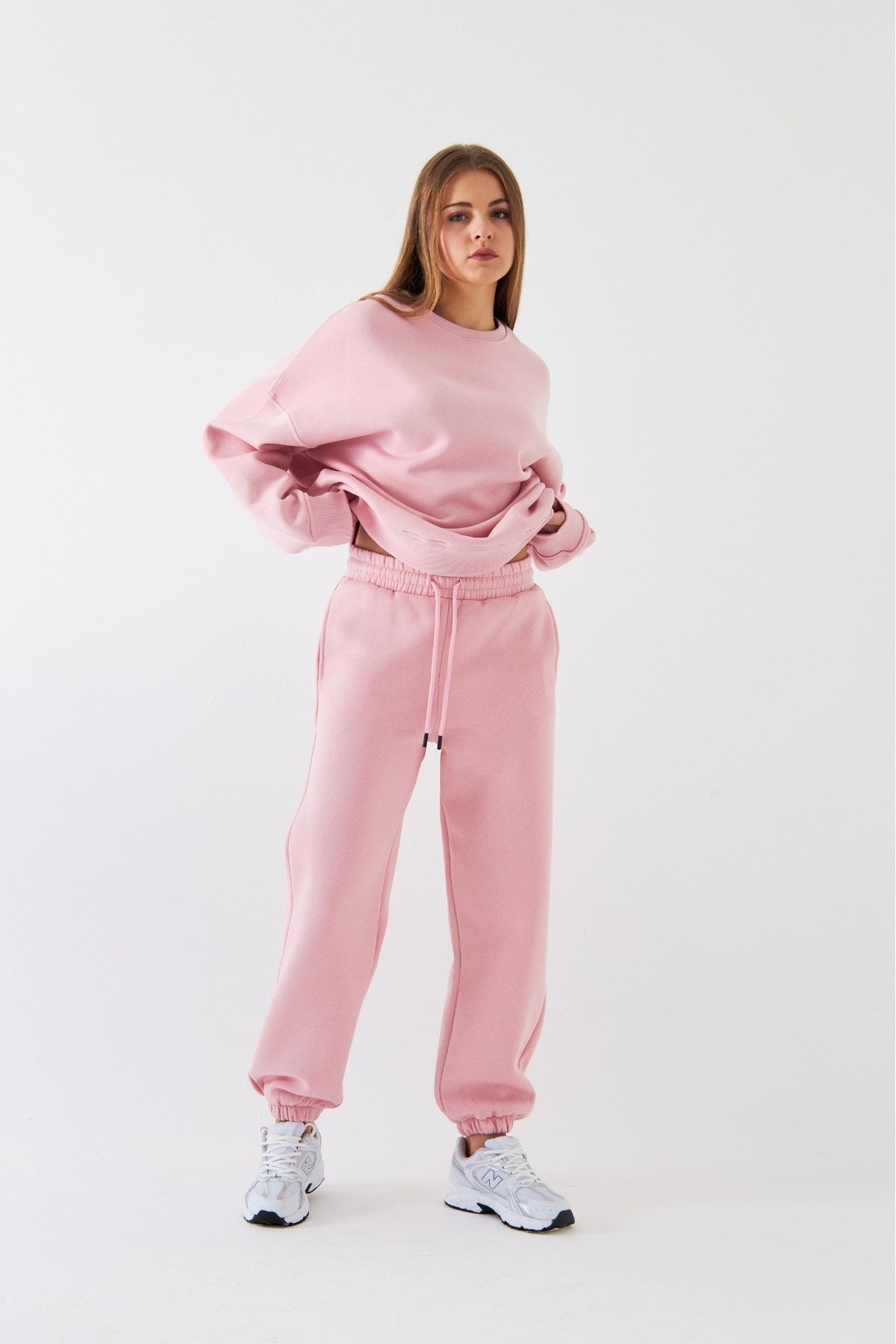 Unisex Oversize Sweatshirt Basic Pembe – Bisiklet Yaka, 3 İplik Şardonlu Polar