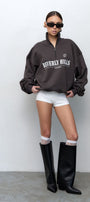 Kadın Füme Beverly Hills CHAMP Baskılı Fermuarlı Yarım Balıkçı Yaka Oversize Sweatshirt – Spor ve Günlük Şık Üst