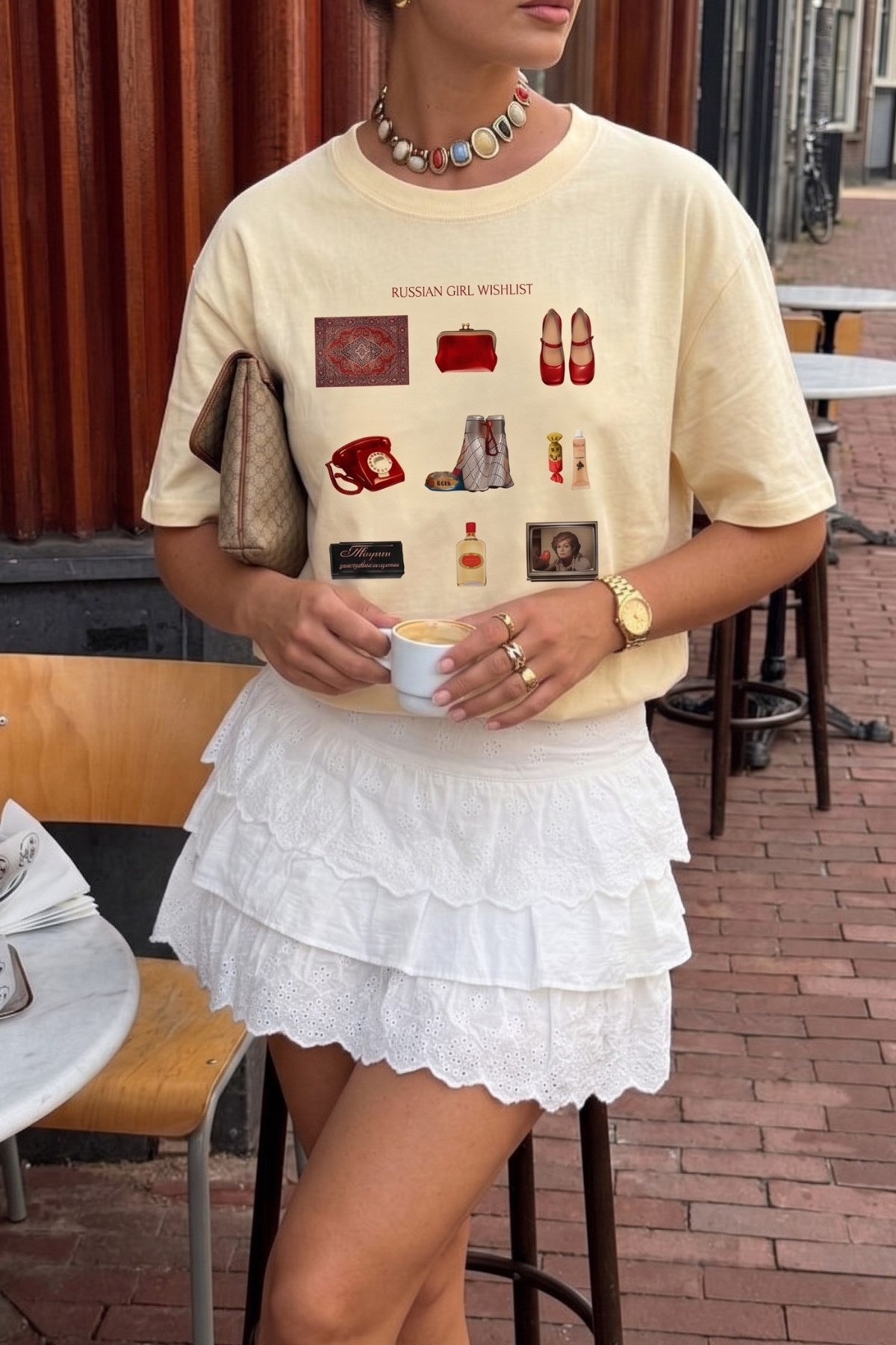 Kadın Oversize Tişört Russian Girl Wishlist Baskılı Sarı – Bisiklet Yaka, Rahat Kalıp, %100 Pamuk