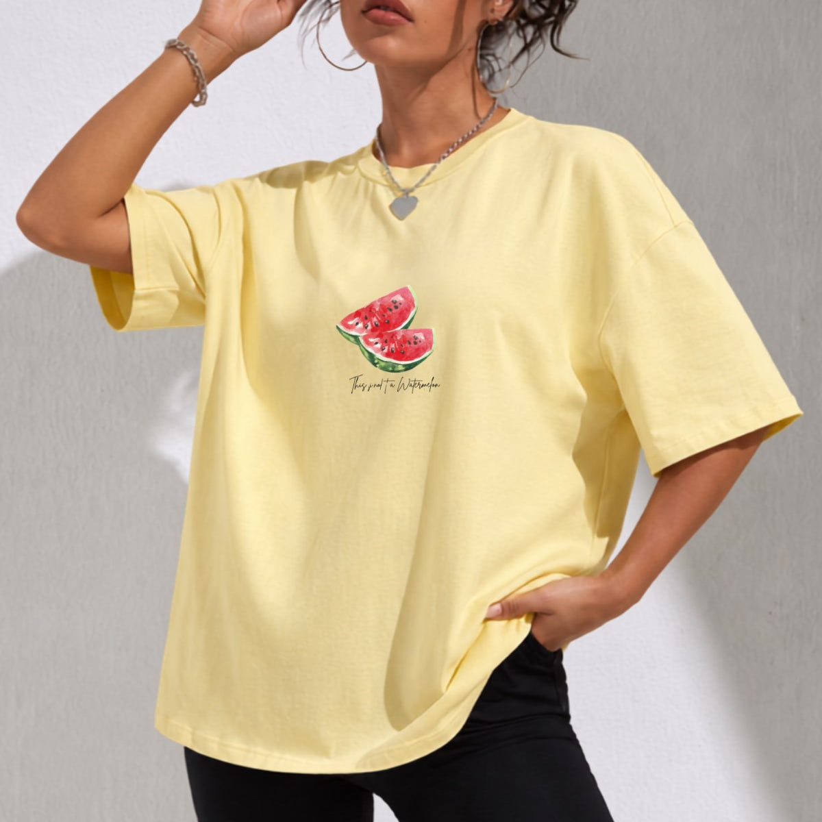 Kadın Oversize Tişört Watermelon Mood Baskılı Sarı – Bisiklet Yaka, Rahat Kalıp, %100 Pamuk