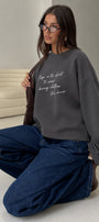 Kadın Relaxed Fit Sweatshirt Life Is Too Short Baskılı Füme – Bisiklet Yaka, 3 İplik Şardonsuz