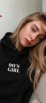 Kadın Oversize Hoodie 90’s Girl Baskılı Siyah – Kapüşonlu, Kanguru Cepli, 3 İplik Polar