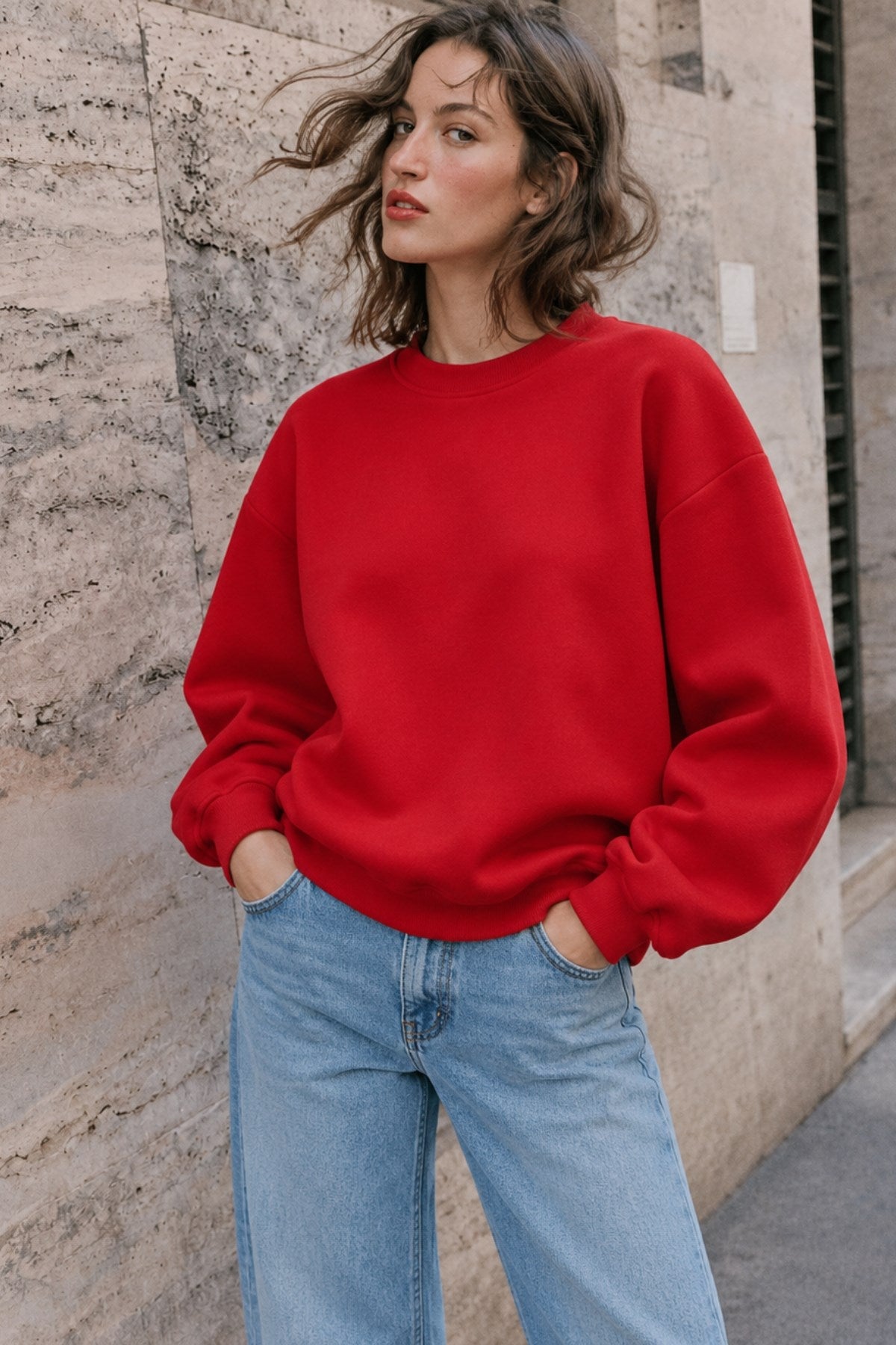 Kadın Oversize Sweatshirt Wellness Baskılı Kırmızı – Bisiklet Yaka, 3 İplik Şardonlu Polar