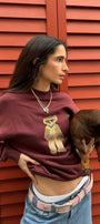Kadın Oversize Sweatshirt Gentleman Bear Baskılı Bordo – Bisiklet Yaka, 3 İplik Şardonlu