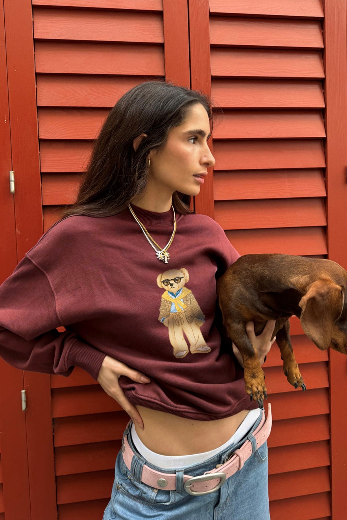 Kadın Oversize Sweatshirt Gentleman Bear Baskılı Bordo – Bisiklet Yaka, 3 İplik Şardonlu