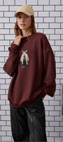 Kadın Oversize Sweatshirt Traveler Bear Baskılı Bordo – Bisiklet Yaka, 3 İplik Şardonlu Polar