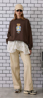 Kadın Oversize Sweatshirt Preppy Girl Bear Baskılı Kahverengi – Bisiklet Yaka, 3 İplik Şardonlu Polar