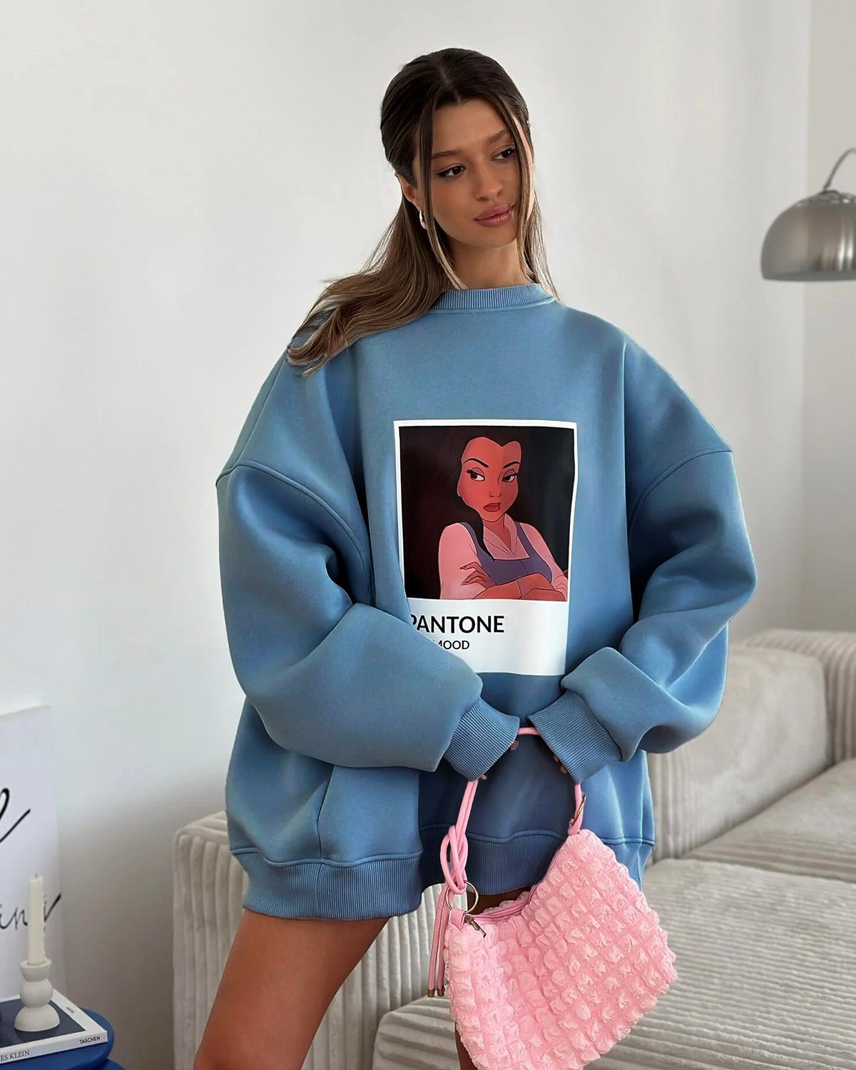 Kadın Oversize Sweat Elbise Marine – 3 İplik Şardonlu , Bisiklet Yaka, Pantone - prenses baskılı