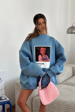 Kadın Oversize Sweat Elbise Marine – 3 İplik Şardonlu , Bisiklet Yaka, Pantone - prenses baskılı