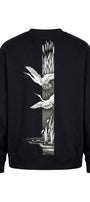 Erkek Oversize Sweatshirt Heron Line Baskılı Siyah – Bisiklet Yaka, 3 İplik Şardonlu Polar