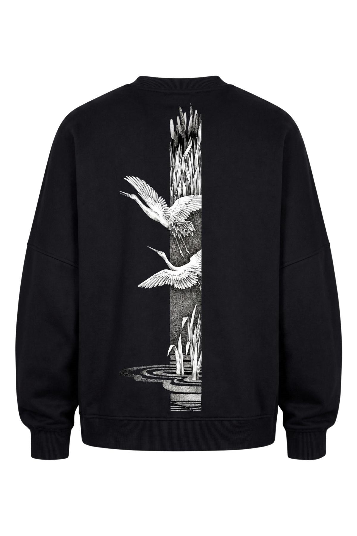 Erkek Oversize Sweatshirt Heron Line Baskılı Siyah – Bisiklet Yaka, 3 İplik Şardonlu Polar