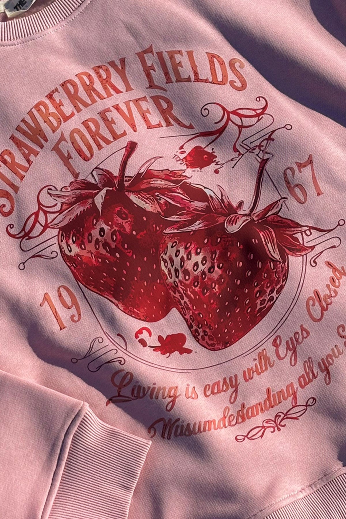 Kadın Oversize Sweatshirt Strawberry Fields Pembe – Bisiklet Yaka, 3 İplik Şardonlu Polar