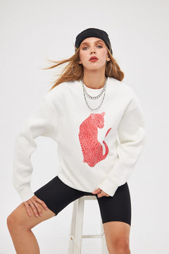 Kadın Bisiklet Yaka İçi Polar Leopar Baskılı Beyaz Oversize Sweatshirt