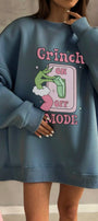 Kadın Oversize Sweatshirt Elbise Grinch Mode Baskılı Marine – Bisiklet Yaka, 3 İplik Şardonlu Polar
