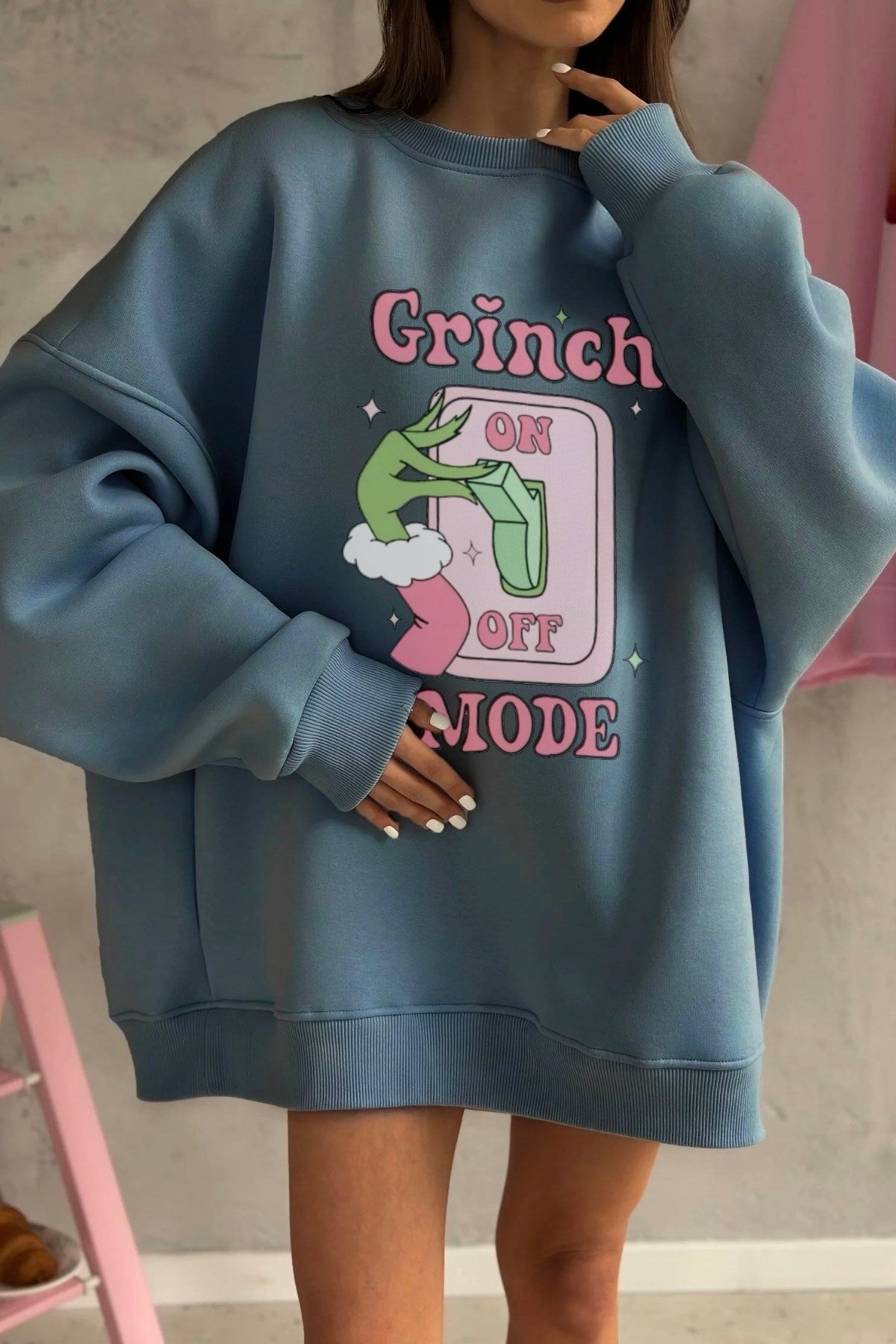 Kadın Oversize Sweatshirt Elbise Grinch Mode Baskılı Marine – Bisiklet Yaka, 3 İplik Şardonlu Polar