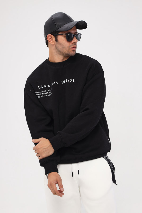 Bisiklet Yaka İçi Polar Unknown Desire Yazı Baskılı Siyah Oversize Sweatshirt