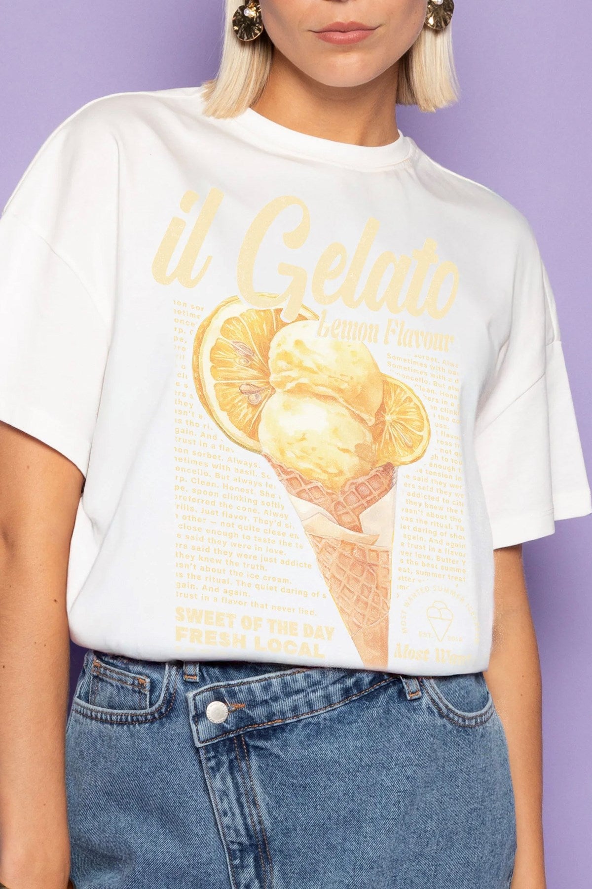 Kadın Oversize Tişört Gelato Lemon Baskılı Beyaz – Bisiklet Yaka, %100 Pamuk Compact Süprem 24/1