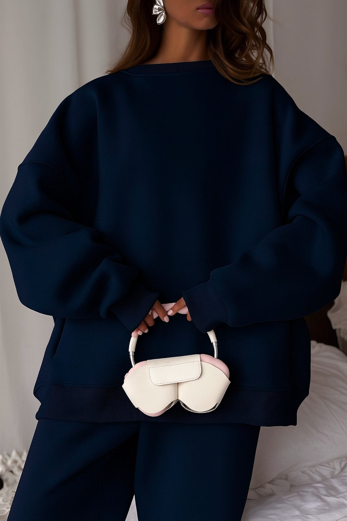 Kadın Oversize Sweat Elbise Eşofman Takımı Basic Lacivert – Bisiklet Yaka, Lastikli Paça, 3 İplik