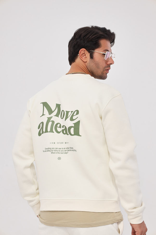 Bisiklet Yaka İçi Polar Move Ahead Yazı Baskılı Beyaz Oversize Sweatshirt