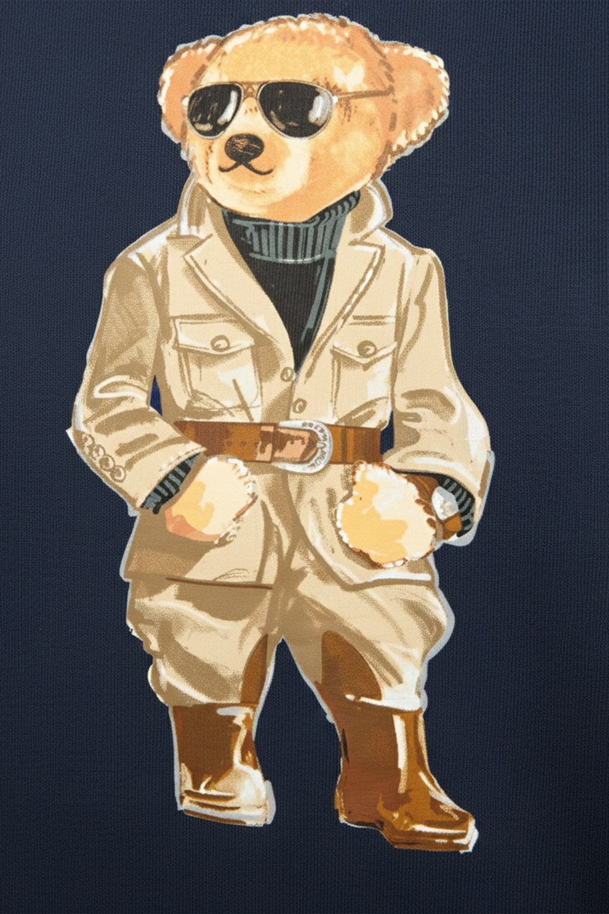 Kadın Oversize Sweatshirt Trench Bear Baskılı Lacivert – Bisiklet Yaka, 3 İplik Şardonlu