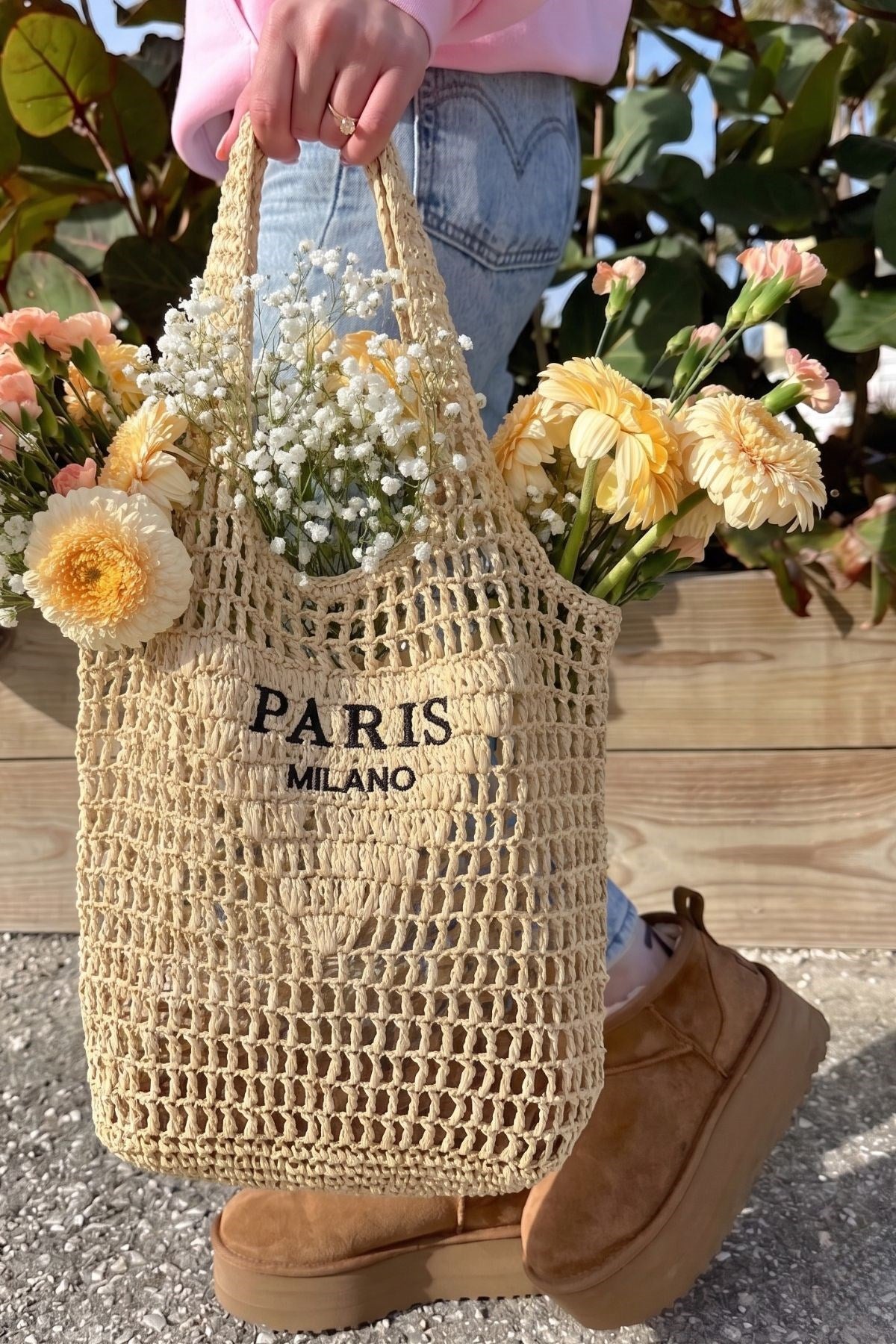 Kadın Milano Riviera Hasır File Omuz Çantası Paris Milano Nakışlı Bej – Büyük Boy, Yazlık