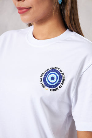 The Champ May All Negative Energy Yazılı Nazar Tasarım Oversize Beyaz Kadın T-Shirt