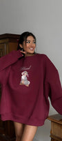 Kadın Oversize Sweatshirt Elbise Blessed Bunny Baskılı Bordo – Bisiklet Yaka, 3 İplik Şardonlu Polar