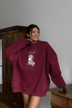 Kadın Oversize Sweatshirt Elbise Blessed Bunny Baskılı Bordo – Bisiklet Yaka, 3 İplik Şardonlu Polar