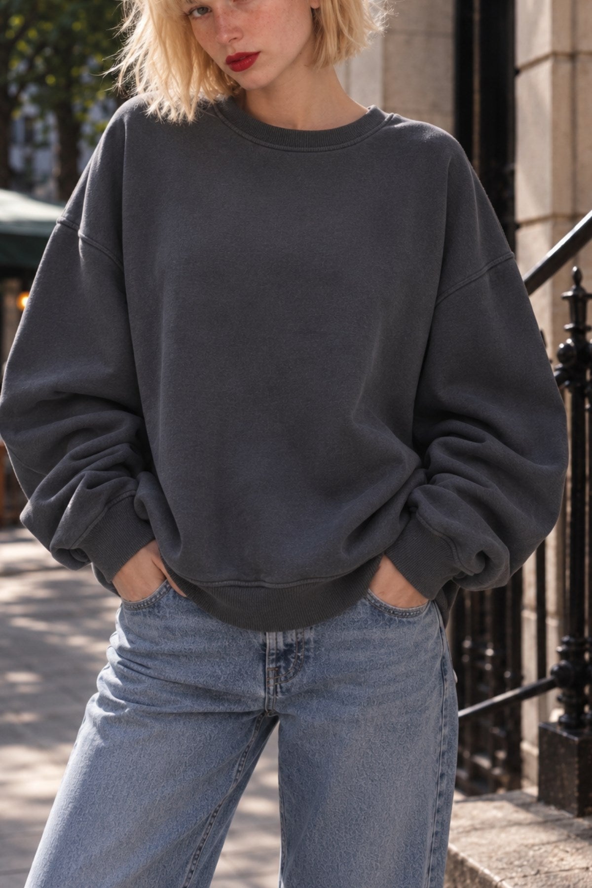 Kadın Oversize Sweatshirt Empathy 3D Baskılı Füme – Bisiklet Yaka, 3 İplik Şardonlu Polar