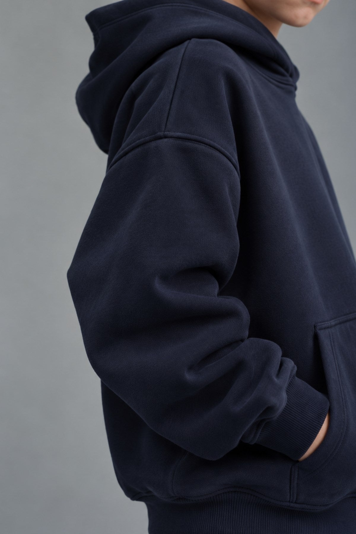 Erkek Çocuk Oversize Basic Hoodie Sweatshirt Lacivert – Kapüşonlu, Kanguru Cepli, 3 İplik Polar
