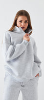 Unisex Oversize Sweatshirt Basic Gri – Yarım Fermuar Dik Yaka, 3 İplik Şardonlu Polar