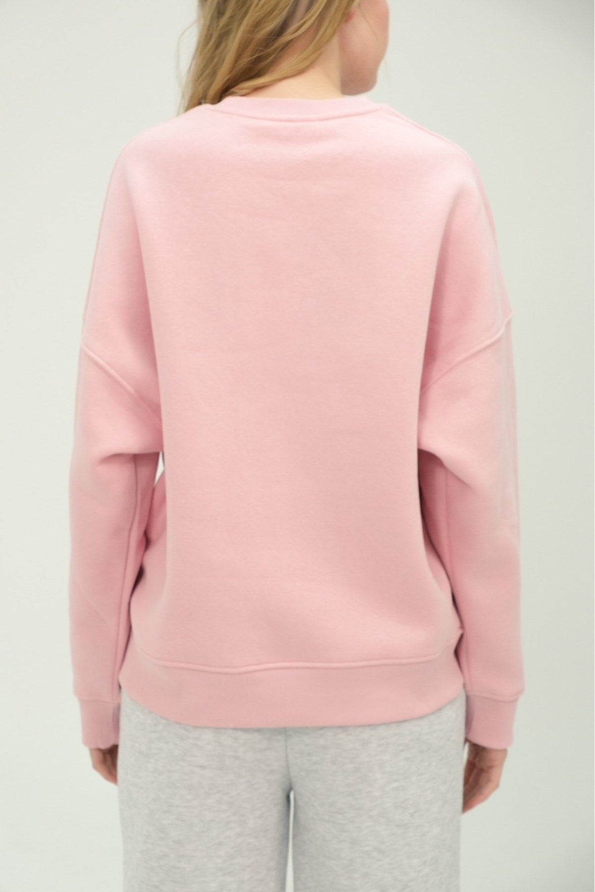Kadın Teddy Ayıcık Baskılı Pembe 3 İplik Şardonlu Sweatshirt  Bisiklet Yaka, İçi Pamuklu