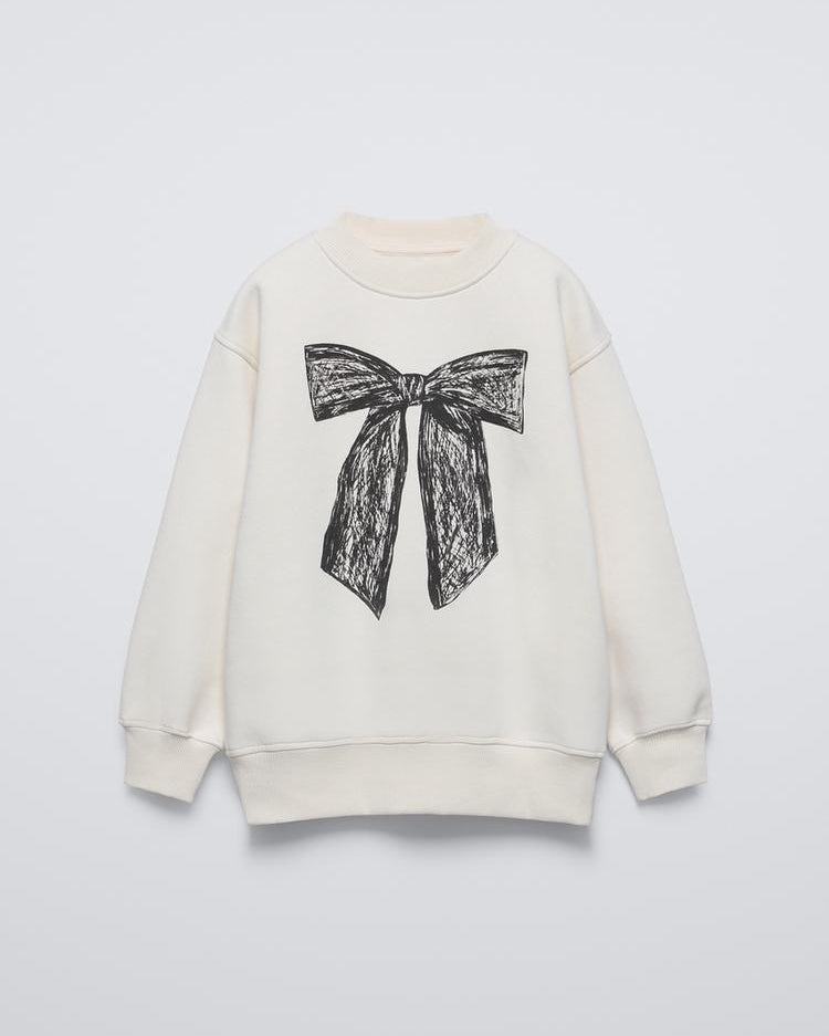 Krem Çocuk Bisiklet Yaka Önde Kurdele Baskılı Oversize Sweatshirt
