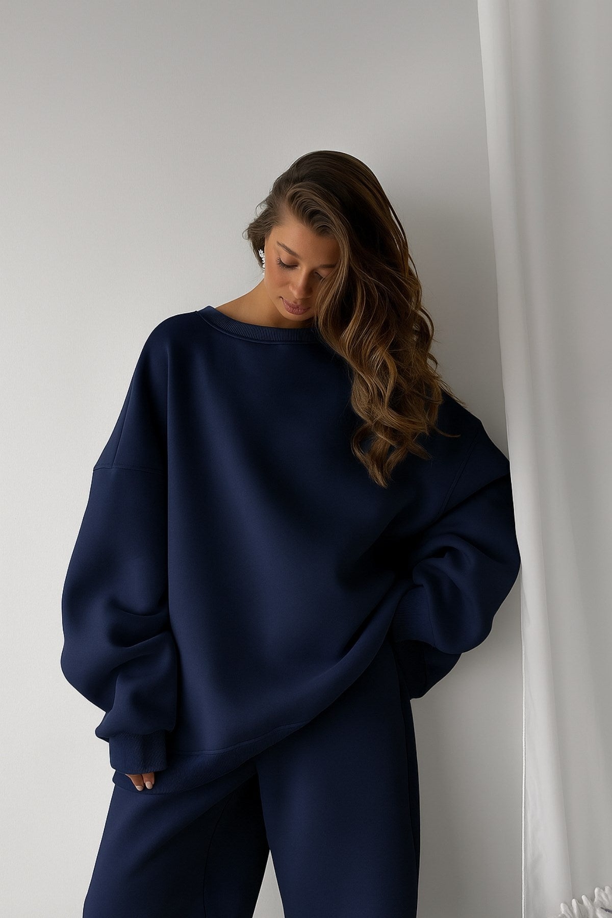 Kadın Oversize Sweat Elbise Eşofman Takımı Basic Lacivert – Bisiklet Yaka, Lastikli Paça, 3 İplik