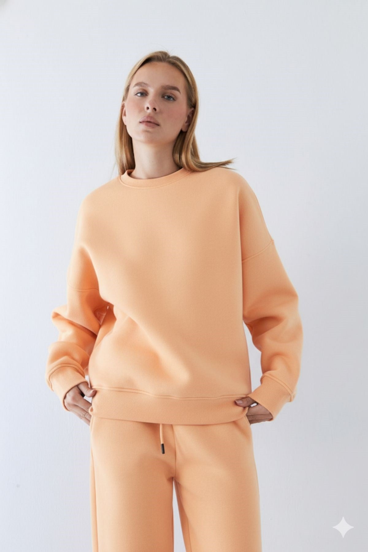 Unisex Oversize Sweatshirt Basic Turuncu – Bisiklet Yaka, 3 İplik Şardonlu Polar