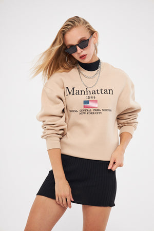 Bisiklet Yaka İçi Polar Manhattan 1984 Yazı Baskılı Bej Oversize Sweatshirt