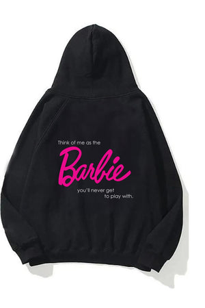 Kapüşonlu İçi Polar Think Of Barbie Baskılı Siyah Unisex Hoodie Sweatshirt