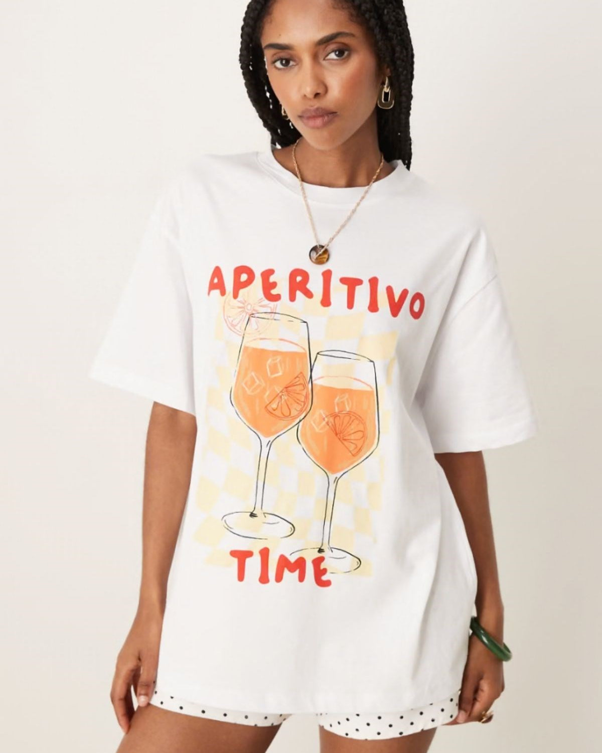 Kadın Beyaz Oversize Aperitivo Time Baskılı Yazlık Günlük Tişört