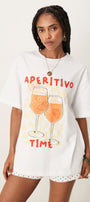 Kadın Beyaz Oversize Aperitivo Time Baskılı Yazlık Günlük Tişört