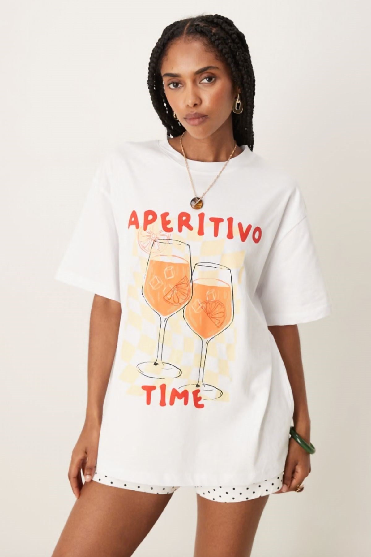 Kadın Beyaz Oversize Aperitivo Time Baskılı Yazlık Günlük Tişört