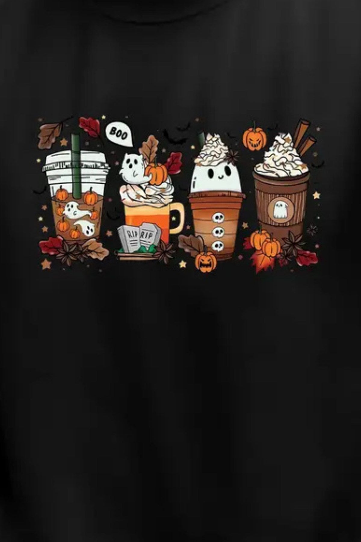 Erkek Oversize Sweatshirt Spooky Latte Baskılı Siyah – Bisiklet Yaka, 3 İplik Şardonlu Polar