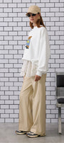 Kadın Oversize Sweatshirt Preppy Girl Bear Baskılı Beyaz – Bisiklet Yaka, 3 İplik Şardonlu Polar