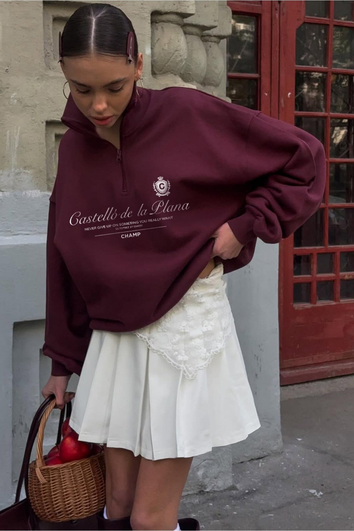 Kadın Oversize Sweatshirt Castelló de la Plana Baskılı Bordo – Yarım Fermuarlı, 3 İplik Polar