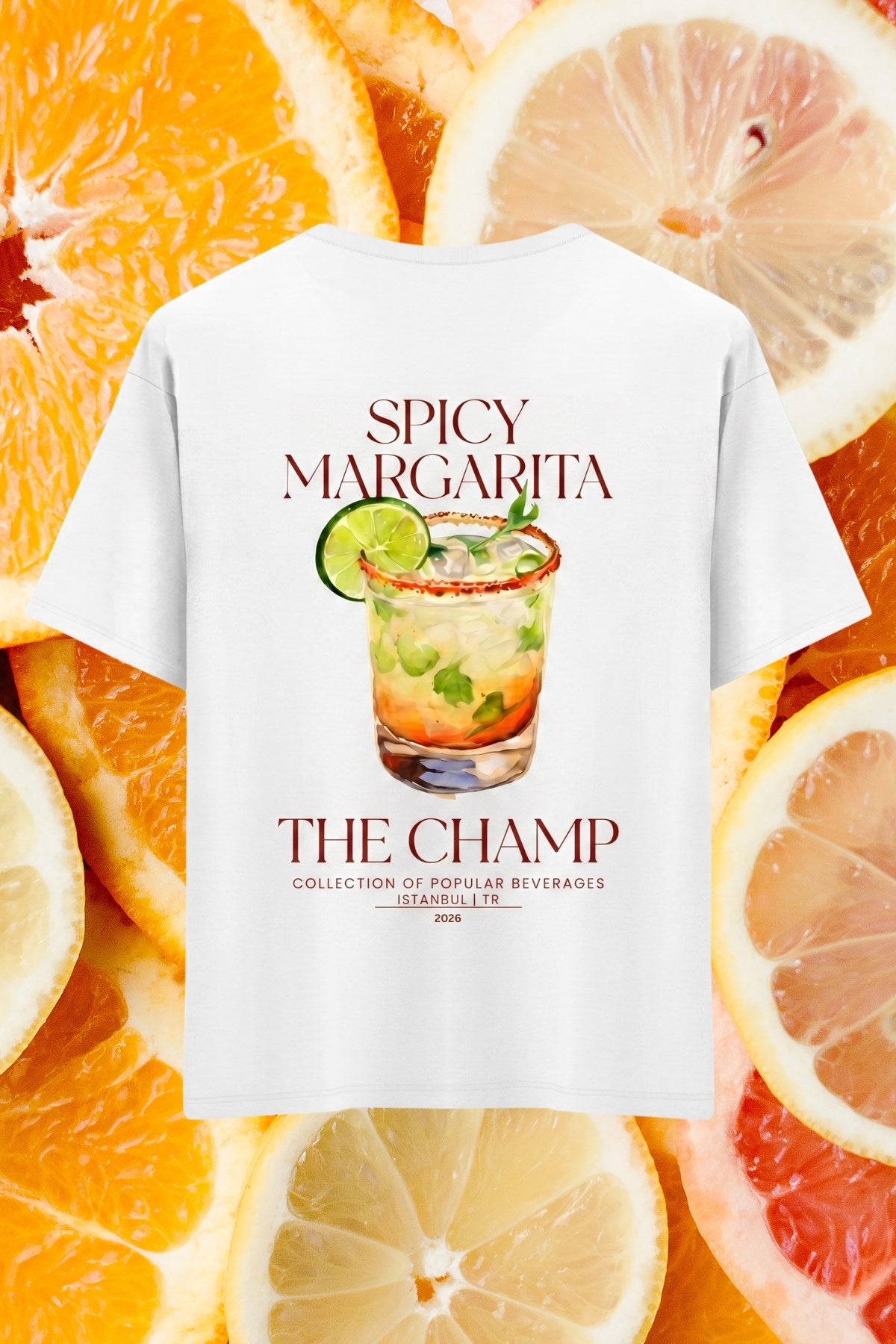 Unisex Oversize Tişört Spicy Margarita Baskılı Beyaz – Bisiklet Yaka, Rahat Kalıp, %100 Pamuk